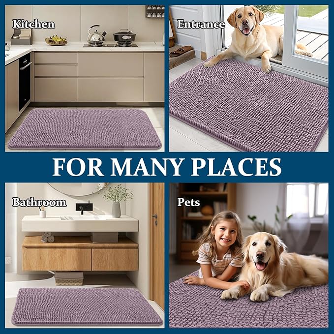 OLANLY Dog Door Mat for Muddy Paws 24x16, Absorbs Moisture and Dirt, Absorbent Non-Slip Washable Doormat, Quick Dry Chenille Mud Mat for Dogs, Entry Indoor Entryway Carpet for Inside Floor, Deep Plum