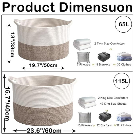 65L Large Blanket Basket,19.7" L x 19.7" W x 13" H Rope Woven Baskets with Handles, Toys Storage Bins,Laundry Basket Perfect for Living Room, Nursery,Bedroom,Home Organization,White&Brown
