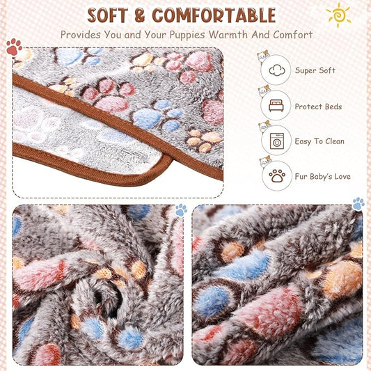 Tatuo 4 Pcs Dog Blanket for Pet Cat Blankets Indoor Puppy Teething Stuff Toys Paw Print Fleece Soft Blanket Sleep Mat for Guinea Pig Cage(Black,Midwest (24 x 47 Inch),Square)