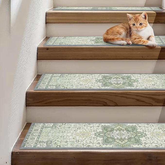Non Slip Stair Treads for Wooden Steps 15PCS - 8"x30" Indoor Safety Carpet, Edging Mats with TPE Adhesive Backing, Pet and Elderly Friendly Stair Rugs (Mint&Green)