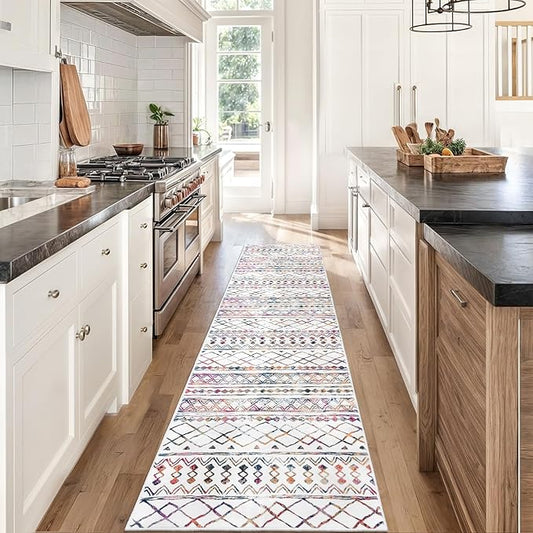 KUTA Moroccan Washable Hallway Runner Rug, 2x8 Non-Slip Vintage Multi-Color Boho Kitchen Rugs Ultra Soft Distressed Geometric Floor Carpet Runners for Bedroom Laundry Living Room