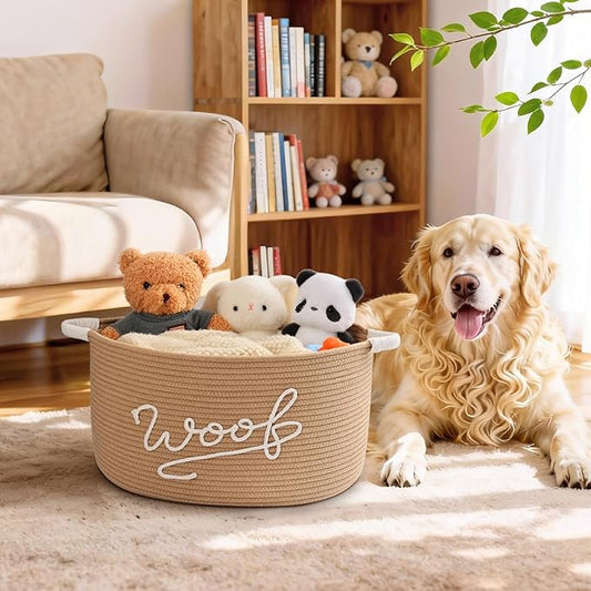 Woof Dog Toy Basket, Large Dog Toy Storage Bin with Durable Handles, Woven Dog Basket for Blankets, Toys, Chews, Pet Toy Storage Box for Nursery, Living Room, Bedroom, 17”x12”x9, Beige