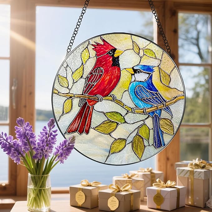 8″ Cardinal & Blue Jay Suncatcher, Stained Glass Window Hanging & Ornament, Window Decor, Holiday & Christmas Ornaments | Bird Lover Gifts, Gifts Exchange, Gift Ideas