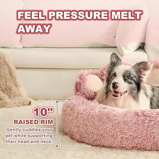 Jiupety Paw Shape Calming Pet Bed, Medium Plush Faux Fur Donut Bed for Dogs & Cats, Machine Washable, Non-Slip Bottom, Extra Large Size (32"×32"×10"), Pink