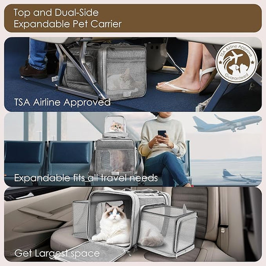 Top and 2 Sides Expandable Cat Carrier 18x11x11, TSA Airline Approved Dog Carriers for Small Dogs,Soft-Sided Pet Carrier with Self-Locking Zippers for Kitten,Rabbit, Puppy, Grey