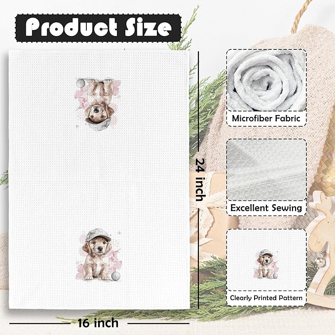 Golf Dog Kitchen Towels - Golden Retriever Dish Towels, Sports Gifts, Pet Golf Club Decorative Absorbent Dishcloths Hand Towels Set of 2 for Spa Kitchen Gym Decor 16x24 Inches