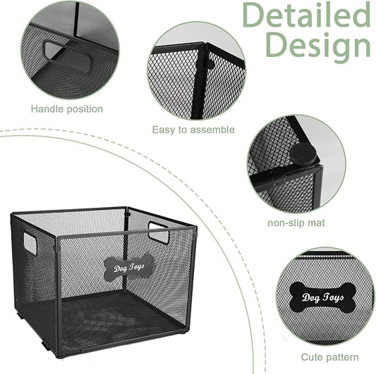 2pack Dog Toy Box, Large Metal Dog Toy Basket-Wire Mesh Basket-Cute Pawprint Dog Bone-Pet Accessory Rust-Resistant Finish-for Cat Toys Organization & Storage