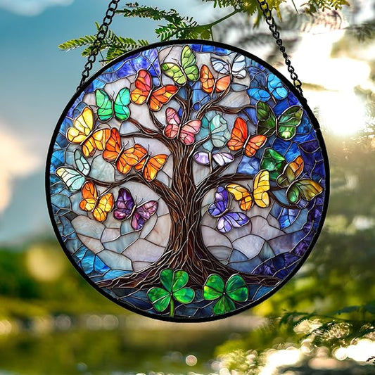 Stained Glass Window Hanging, Butterfly Tree Clover Sun Catchers Glass Panel Blue Suncatcher Decor for Birthday for Women, Men, Wife, Aunt, and Mom 14.9x14.9 in