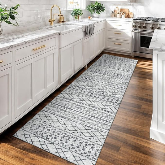 KUTA Moroccan Washable Runner Rug, 2x7 Non-Slip Vintage Grey White Boho Hallway Kitchen Rugs Ultra Soft Distressed Geometric Floor Carpet Runners for Bedroom Laundry Living Room