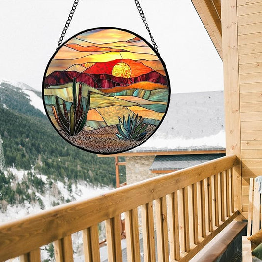 Stained Glass Window Hanging, Desert Scenery Lake Suncatcher for Doors Window Home Tan Tree Sun Catchers Decoration Mother's Day Birthday Gifts for Women, Men, and Mom 6.3 in