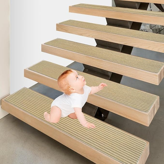 Stair Treads for Wooden Steps - Non Slip Stairs Carpet Tape Peel and Stick with Double Adhesive Tape Set of 15 Stripe- Beige