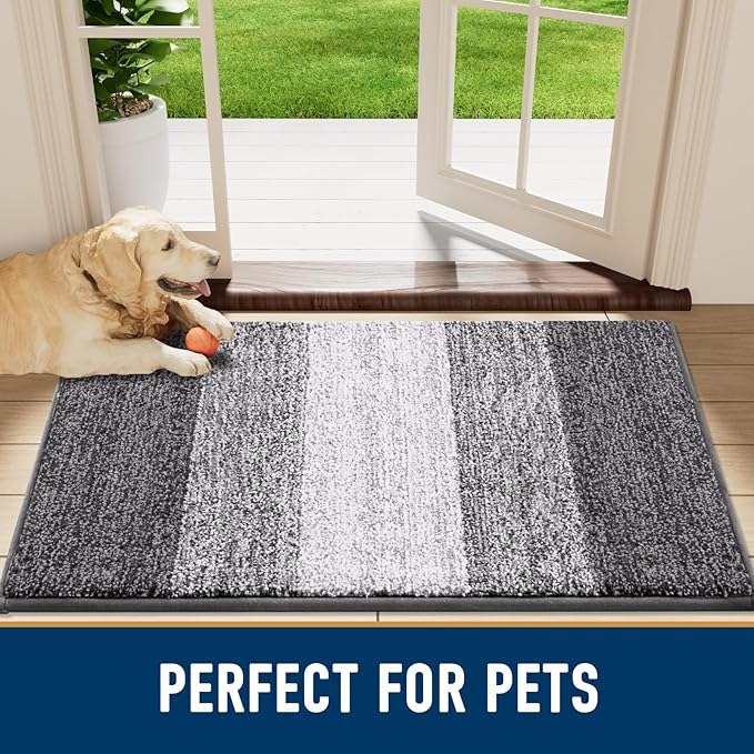 Smiry Dog Door Mat for Muddy Paws, Absorbs Moisture and Dirt, Low-Profile Entryway Mat with Non-Slip Backing, Entry Indoor Outdoor Doormat for Inside Floor (59x20 Inches, Light Grey, Striped)