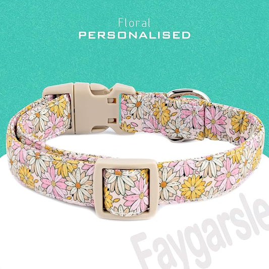 Faygarsle Floral Girl Dog Collar, Cotton Fabric with Daisies Pattern, Pink and Yellow Summer Spring Design for Small Medium Large Dogs M