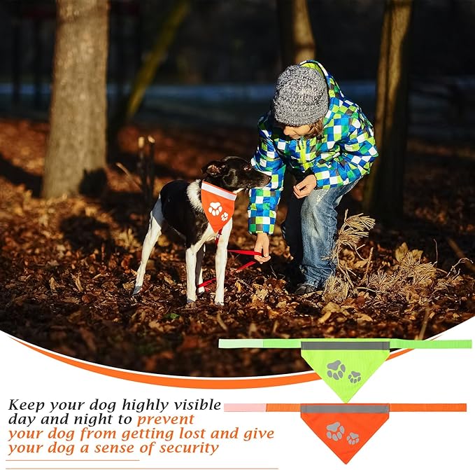 Saintrygo 2 Pieces Dog Bandanas Reflective Dog Scarf Yellow High Visibility Safety Camping Puppy Bandanas Triangle Bibs for Medium Large Pets Cats Puppy (16-20.5 Inches,Paw Neck)