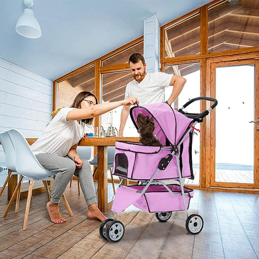 3 Wheels Dog Stroller, Foldable Pet Stroller for Small Medium Dogs, Portable Breathable Cat Stroller Dog Strollers with Storage Basket, Cup Holders, Removable Liner for Travel & Outdoor Use, Pink