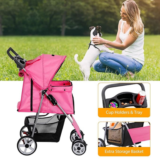 4 Wheels Dog Stroller Folding Pet Strolling Cart for Small Medium Cats Puppies Portable Jogger Travel Camping Puppy Carrier with Storage Basket Cup Holder, Pink