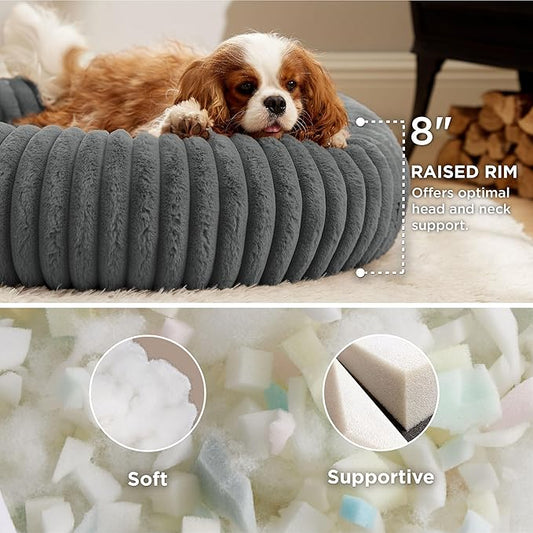 Bedsure ComfyFleece™ Donut Medium Dog Bed - Washable Faux Fur with Corduroy Fleece & Anti Slip Bottom, Round Pet Bed with Removable Cover, Warm Grey, 30x30x8 inches