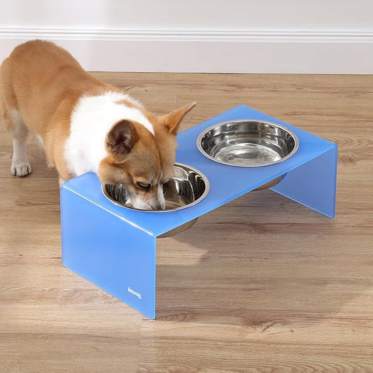 The LICKER Store DBL2001C Keaton 7.5" Medium/Large Modern Acrylic Rectangular Elevated Pet Feeder with 54oz 2-Stainless Steel Bowls, Blue/Chrome
