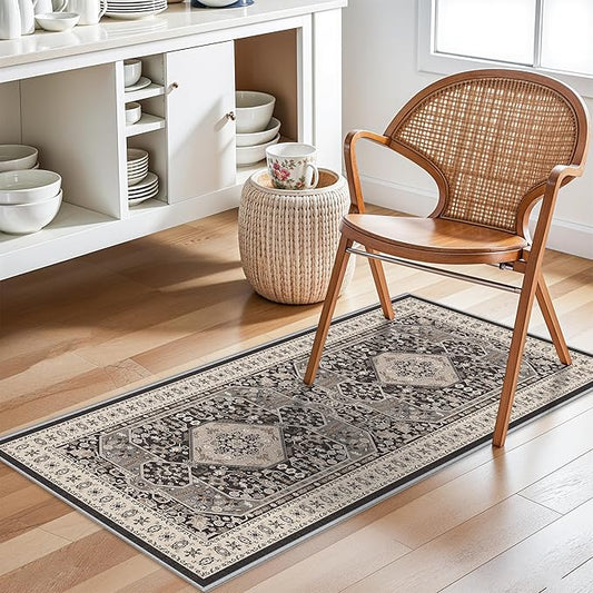 RUUGME Entryway Runner Rug 2x4 : Washable Non Slip Carpet for Kitchen Hallway Bedroom Stain Reistant Light Weight Rugs for Laundry Bathroom Ultra Soft Indoor Vintgae Home Decor Floor Mat 2'x4' Black