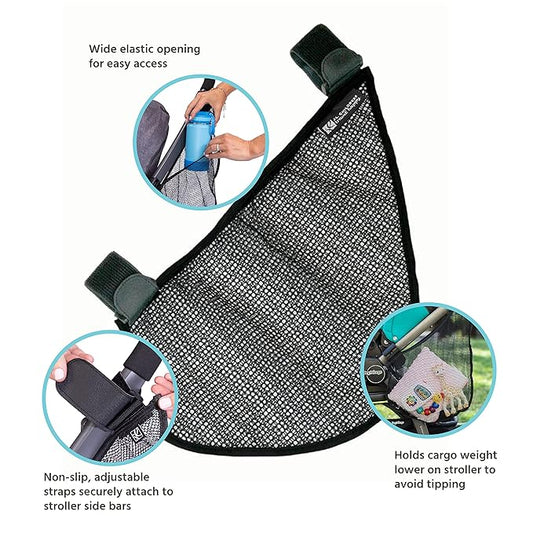 J.L. Childress Side Sling Cargo Net - Stroller Organizer Attachment for Storage, Mesh Bag for Baby Accessories, Universal Fit, Non-Slip and Adjustable Straps - Black