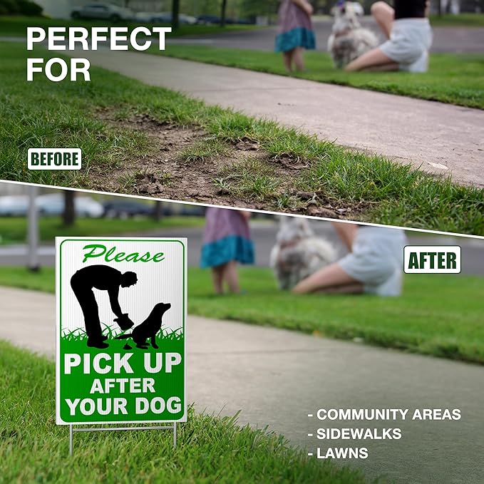 2 PC Pick Up After Your Dog Sign, 8x12 DS Coroplast Please Clean Up After Your Pet Sign with Stake for Lawn Yard