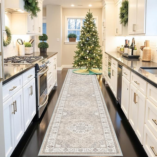 Washable Hallway 3x18 Runner Rug: Vintage Ultra Soft Non Slip Runner for Kitchen Entrance Indoor Farmhouse Long Carpet for Living Room Bathroom Low Pile Floor Mat for Bedroom Dining Room (3X18, Beige)