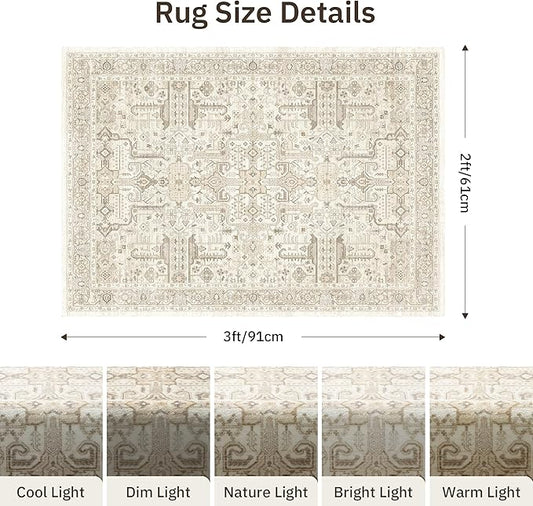 Washable 2x3 Entryway Area Rug - Small Non Slip Vintage Kitchen Runner Rugs Indoor Entrance Soft Neutral Stain Resistant Bathroom Mat Farmhouse Carpet for Bedroom Living Room Entry Laundry 2'x3' Beige