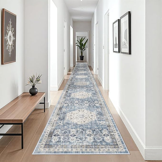 RUUGME Hallway Runner Rug 3x25 - Indoor Extra Long Vintage Non Slip Rugs for Entryway Hall Kitchen Living Room Low Pile Stain Resistant Carpet Durable Home Decor Floor Mat 3'x25' Aqua Blue