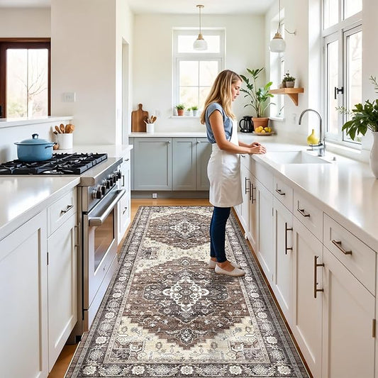 4x10 Wide Hallway Runner Rug: Vintage Washable Soft Rugs for Living Room Bedroom Water Resistant Carpet with Non-Slip Backing for Entry Kitchen Dining Room Thin Nursery Bathroom Floor Mat(Brown,4x10)