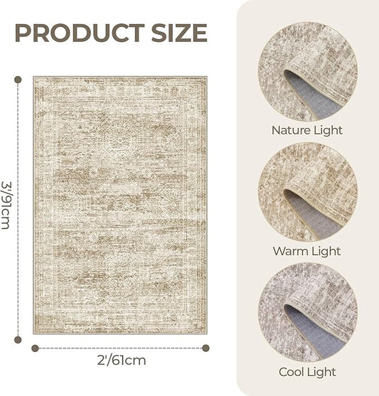 2x3 Washable Rug Runner for Bathroom, Soft Entryway Rug for Laundry Room, Kitchen, Vintage Abstract Hallway Runner for Bedroom, Anti-Slip Door Mat Indoor Entrance(2'x3', Brown/Ivory)