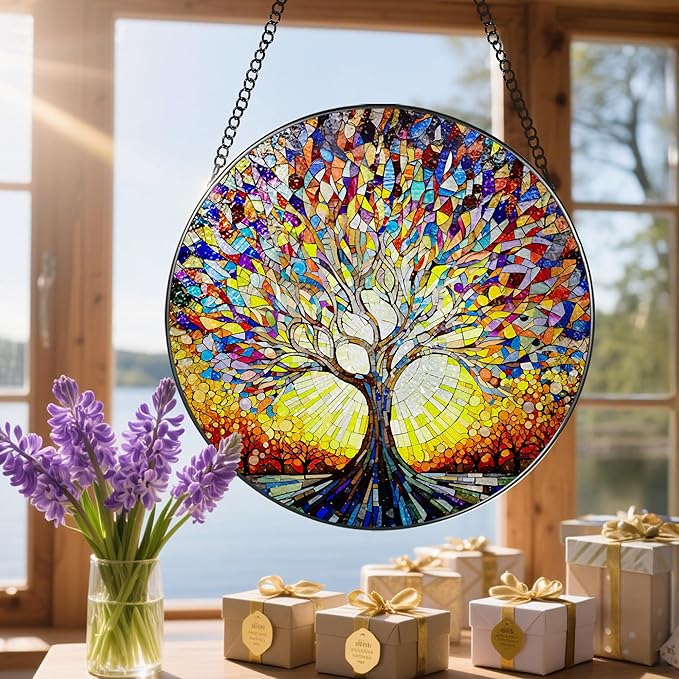 Stained Glass Window Hanging, 8 in Tree of Life Sun Catchers Indoor Window, Stained Glass Suncatcher, Gifts for Women, Her, Wife, Friend and Mom for Mother's Day, Christmas, Birthday
