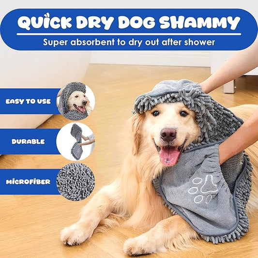 Microfiber Dog Bath Towel – Super Absorbent Dog Towels for Drying Dogs Large & Small, Quick Dry Pet Towel with Hand Pockets, Soft & Durable Puppy Towel, Machine Washable – Grey