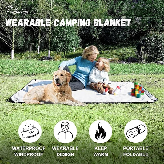 Wearable Warm Camping Blanket Waterproof Windproof Quilted Fleece Stadium Outdoor Blanket with Portable Bag for Cold Weather Picnic Sports Pet Beach Travel Car 79x55 inches Olive Green with Hat