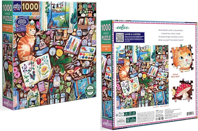eeBoo 1000 Piece Puzzle - Naturalist’s Cat Jigsaw Puzzle for Adults, Square 23" x 23" Made with Recycled Board & Vegetable-Based Ink