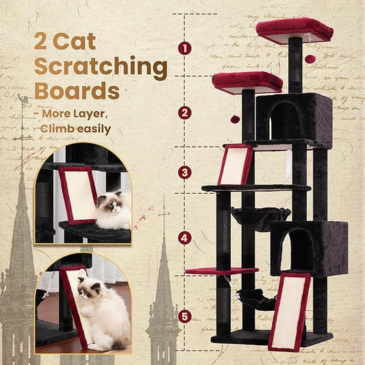 Gitelsnour Cat Tree for Indoor Cats, 71'' (180cm) Multi-Level Cat Tower for Large Adult, Gothic Sturdy Cat Tree House with 2 Scratching Boards 7 Posts, 2 Plush Perches/Condos, Hammock, Black GCT032BR
