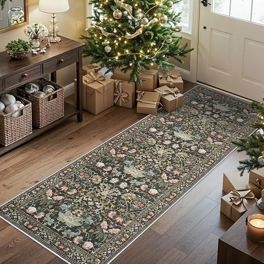 2x6 Washable Hallway Runner Rug: Vintage Floral Kitchen Rugs with Non-Slip Backing Low Pile Water Resistant Carpet for Living Room Bedroom Soft Floor Mat for Bathroom Laudry Dining Room(2x6,Green)