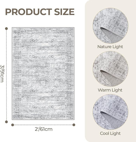 2x3 Washable Rug Runner for Bathroom, Soft Entryway Rug for Laundry Room, Kitchen, Vintage Abstract Hallway Runner for Bedroom, Anti-Slip Door Mat Indoor Entrance(2'x3', Grey/Ivory)