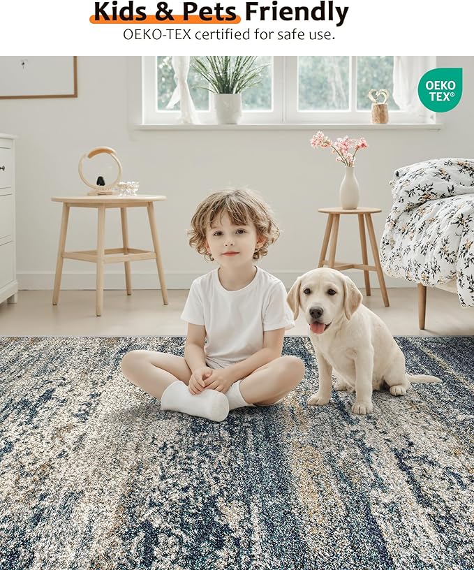 Art&Tuft Runner Rug 2'6x8' - Anti-Slip Backing Abstract Hallway Rug, Stain Resistant Kitchen Rugs, Foldable Machine Washable Area Rug(TPR19-Navy, 2'6x8')
