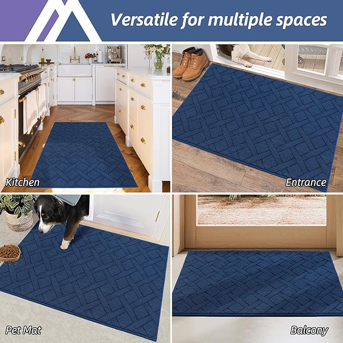 COSY HOMEER Door Mat Indoor Entrance, Non-Slip Absorbent Doormat for Front Door, Low-Profile Entryway Mat for Dirty Paws, Washable Dirt Trapper Mats (20"x32", Blue)