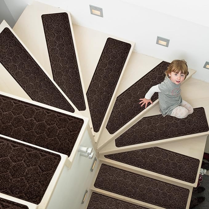 15 Pack 8 "X 30" Non-Slip Carpet Stair Treads for Indoor Wooden Steps, Made of Polyester and Reusable Adhesive, Suitable for Kids Elders and Pets(Brown Hexagon)