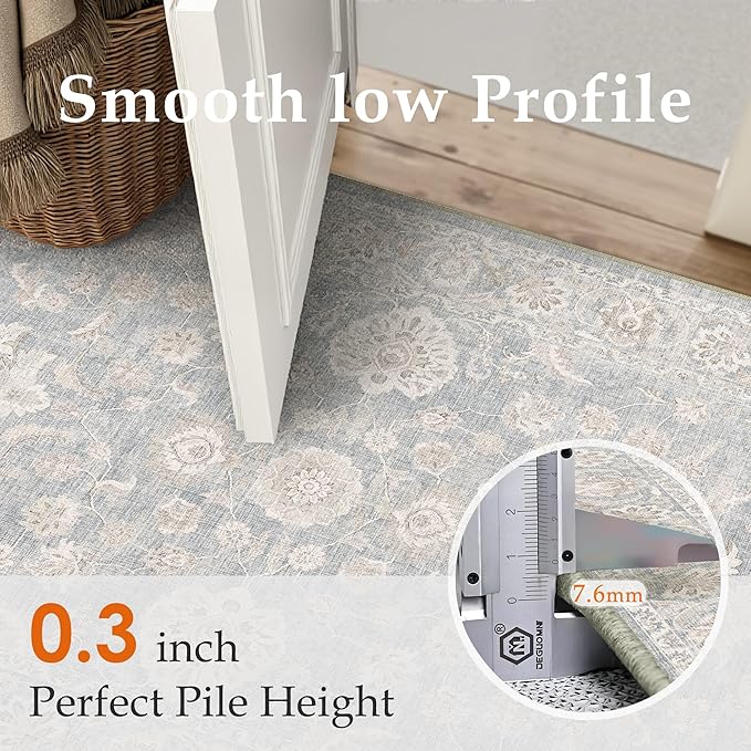 2x5 Blue Cream Washable Runner Rug for Kitchen Hallway Neutral Floral Soft Non Slip Rug Low Pile Distressed Carpet for Bathroom Bedroom Indoor Nursery