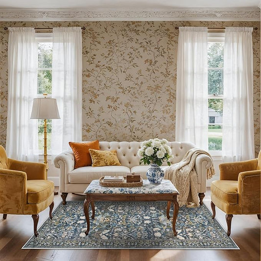 3x6 Washable Entryway Area Rugs: Vintage Easy to Clean Kitchen Rug Runner Soft Non Slip Floor Mat Indoor Farmhouse Carpet for Bathroom Living Room Bedroom Printed Hallway Runners(3x6 Floral/Blue)