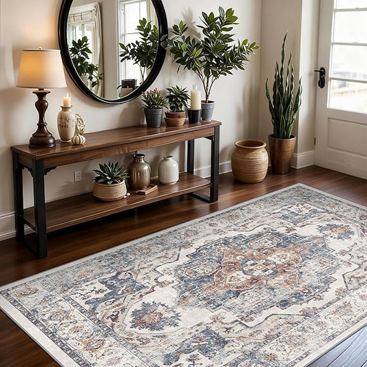 4x6 Living Room Area Rugs: Washable Boho Bedside Rugs Non-Slip Low Pile Small Carpet for Kitchen Bedroom Non-Shedding Floor Mat for Kids Room Office Dining Room(4x6,Brick)