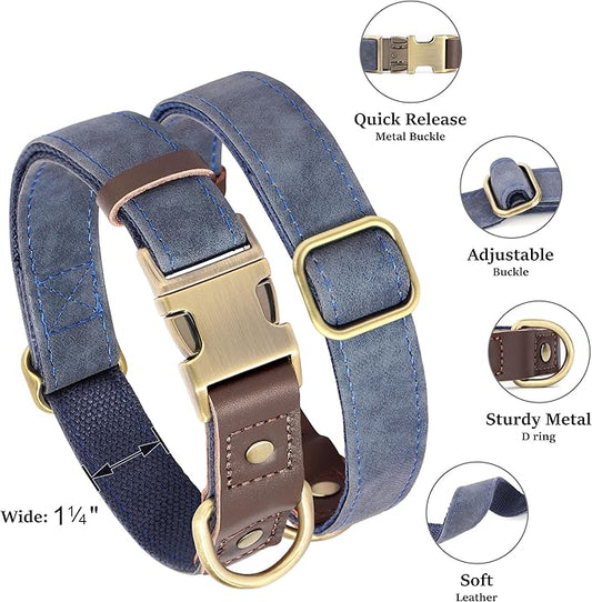 Didog Soft PU Leather Dog Collar for Large Dogs,Classic Adjustable Wide Dog Collars with Quick Release Metal Buckle,Easy Clean and Comfortable with Nylon Lining,Blue,XL Neck 20-27", Width 1.2"
