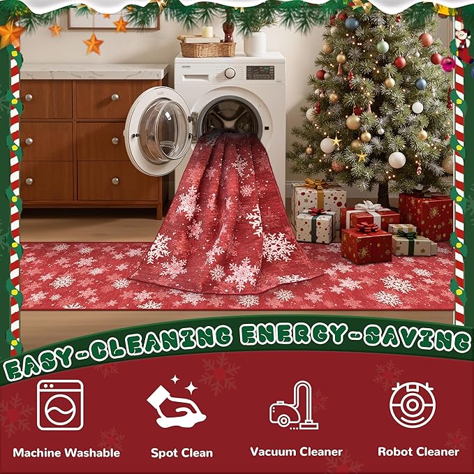 3x5 Christmas Area Rug for Entryway, Soft Kitchen Rugs Non Slip for Dining Room, Washable Snowflake Doormat, Red and White Christmas Porch Decor Indoor(3'x5', Red/White)
