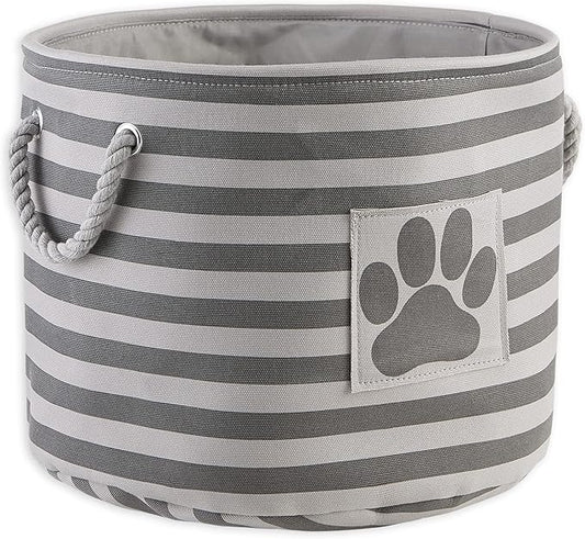 Bone Dry Pet Storage Collection Striped Paw Patch Bin, Medium Round, Gray