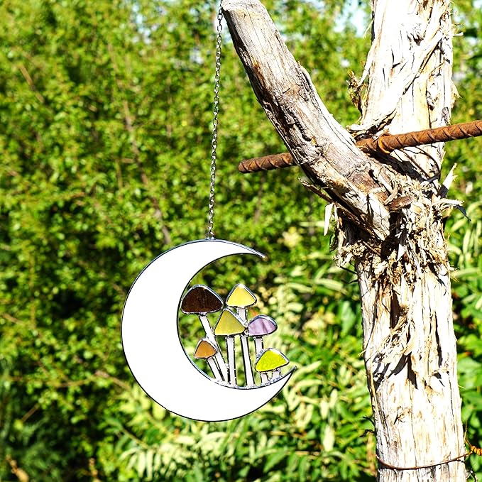 Sensory4U Stained Glass Mushroom Moon Suncatcher โ 5.5" Hanging Window Decor โ Earth Tone Crescent Moon with Mushrooms โ Garden Ornament or Home Wall Art for Natural Light Reflection