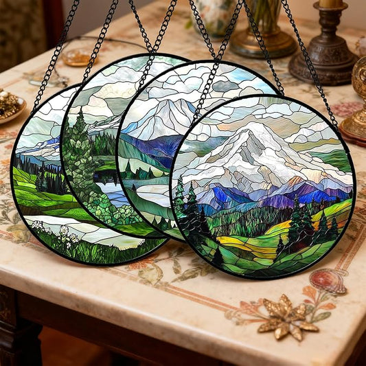 Stained Glass Window Hanging 4 Pcs Set Mountains Lake Green White Landscape 6.3" - Suncatcher Door Garden Sun Catcher Decor Birthday Christmas for Mom Woman Nana Men