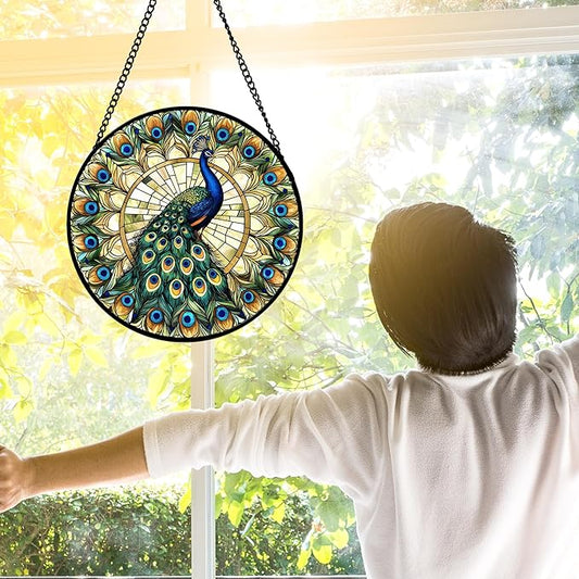 Stained Glass Window Hanging - Retro Peacock Decoration Suncatcher for Door Garden Home Bird Feather Sun Catchers Christmas Mother's Day Birthday Gifts for Women Men Mom Nana Friend 6.3 in