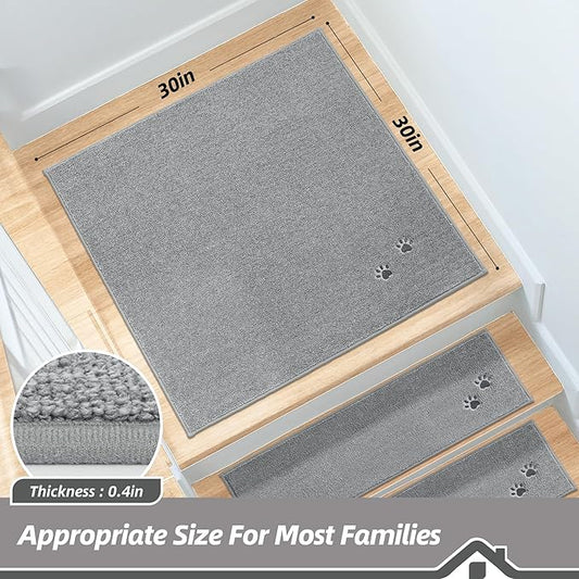 BEQHAUSE Stair Landing Rug Non-Slip 30"x30", Square Stair Landing Mats for Stairs Washable, Carpet Stair Treads Matching Mats for Wooden Steps Indoor Landing Rugs Surface Polyester TPE Backing, Grey